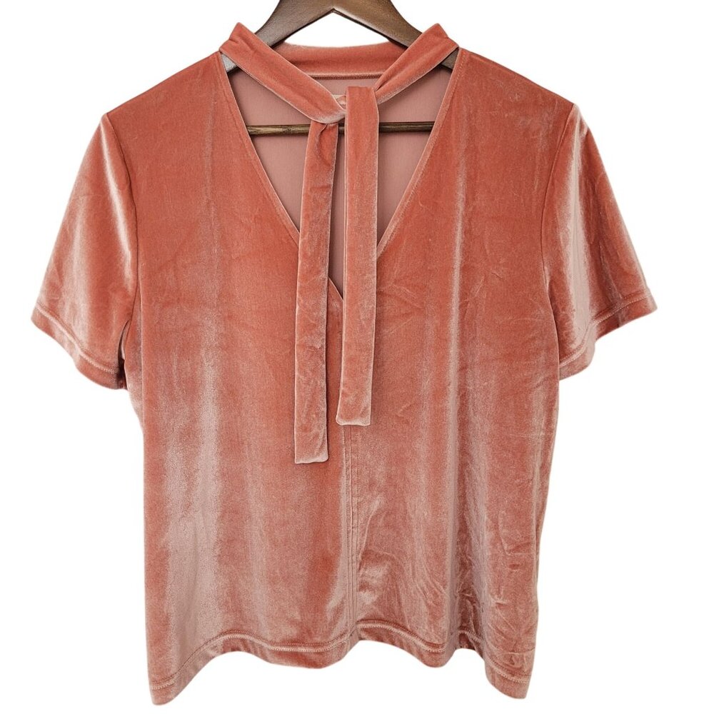 Madewell Velvet Tie-Neck Top Womens Size XL Dried Coral Short Sleeve Party